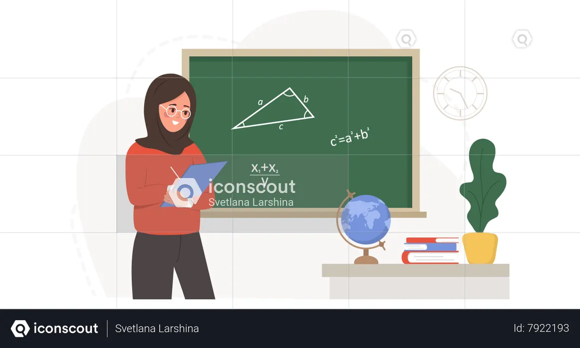 Muslim female teacher teaching math in classroom  Illustration