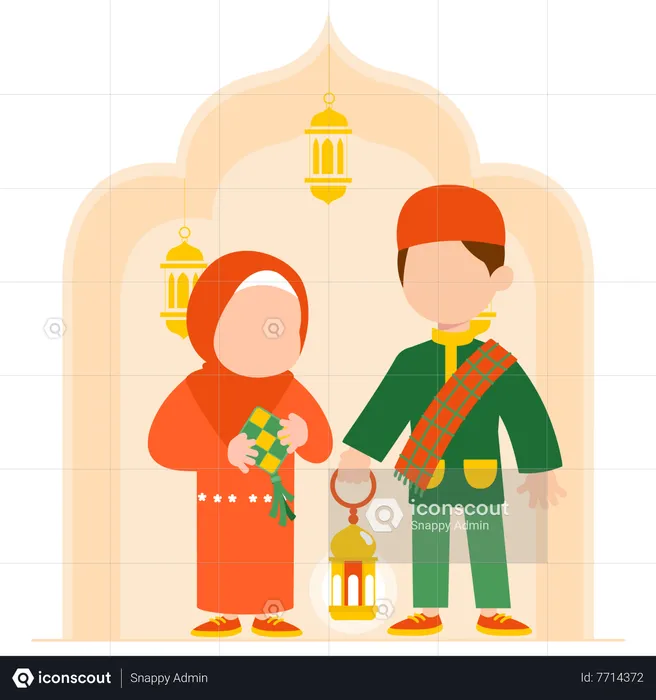Muslim girl and boy celebrating ramadan  Illustration