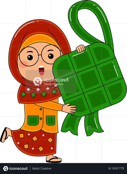Muslim Girl Bring Ketupat  Illustration