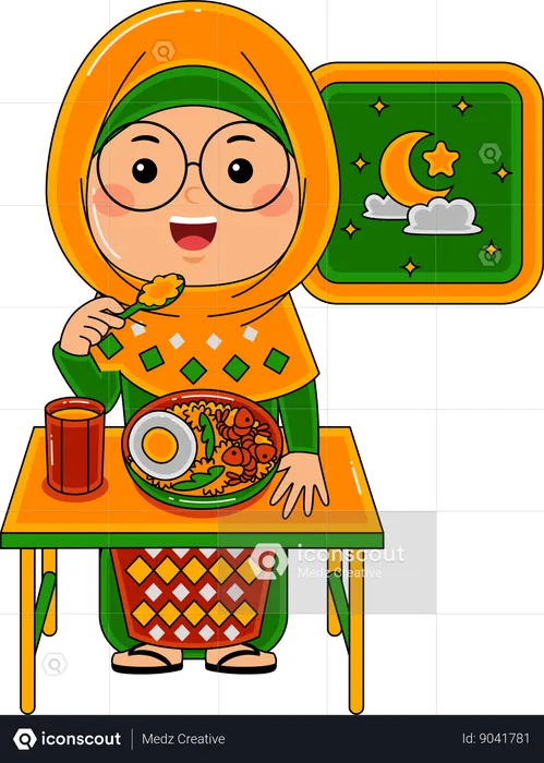 Muslim Girl Eating At Sahur  Illustration