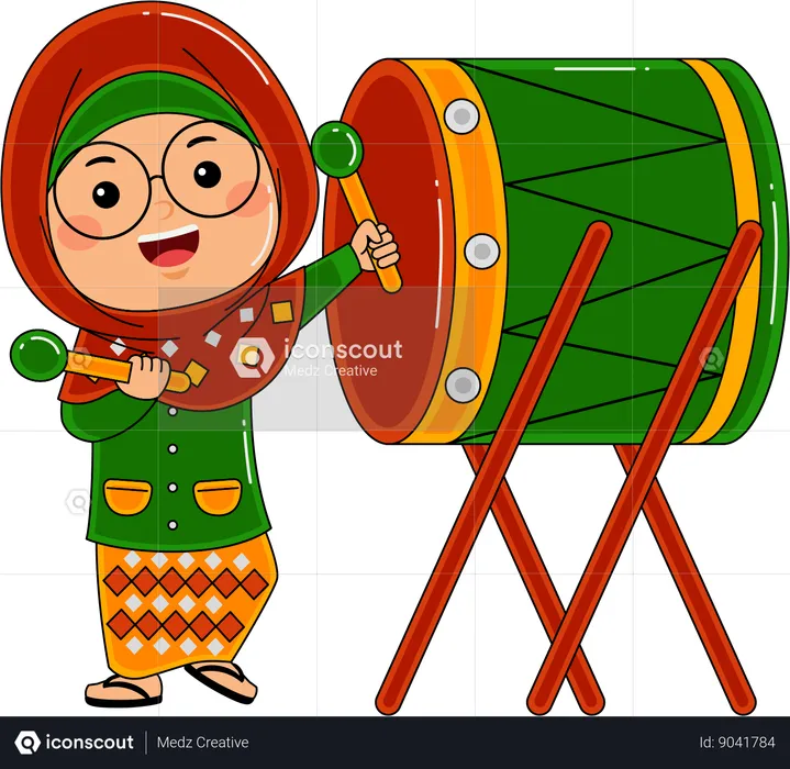 Muslim Girl Hitting The Drum  Illustration