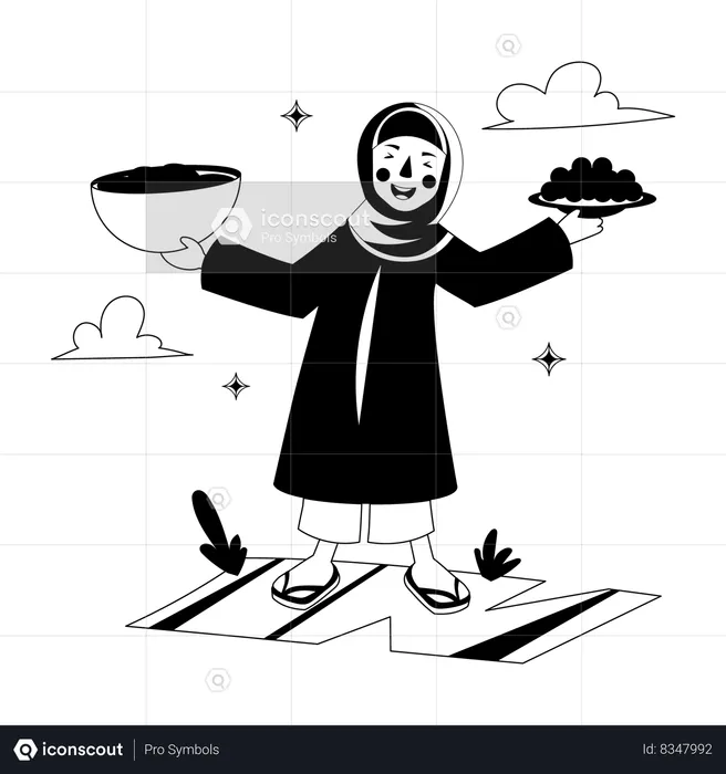 Muslim girl holding eid food dish  Illustration