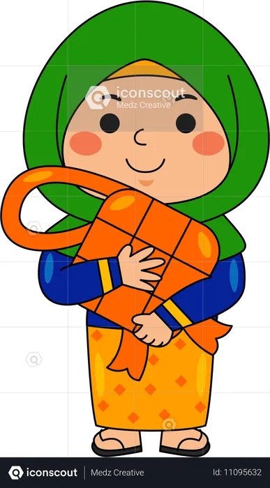 Muslim girl holding ketupat  Illustration