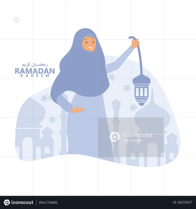 Muslim Girl Holding Lantern  Illustration