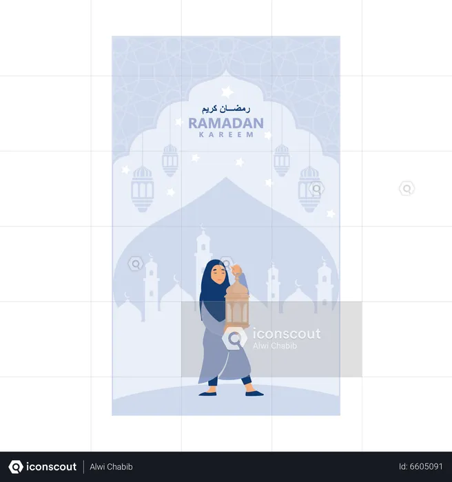 Muslim girl holding lantern with crescent moon and star  Illustration
