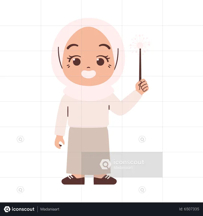 Muslim Girl Holding Sparklers  Illustration