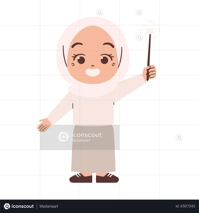 Muslim Girl Holding Sparklers  Illustration