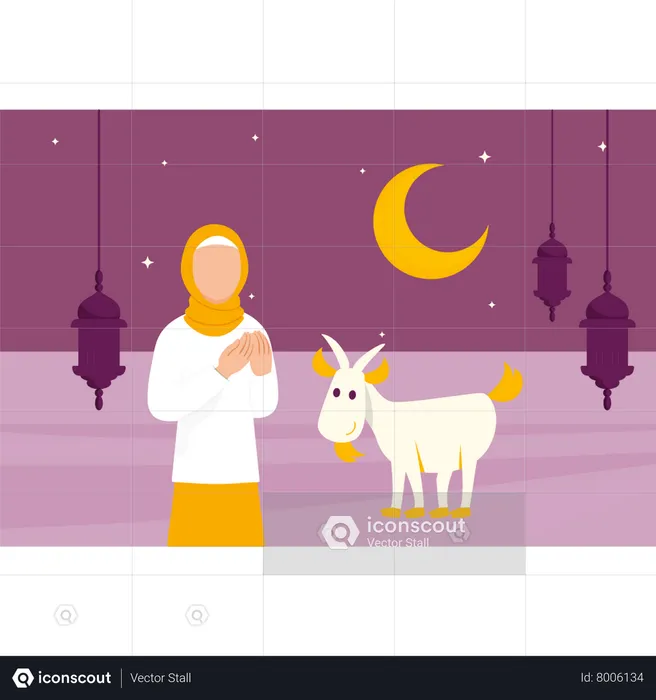 Muslim Girl praying for animal of Eid al-Adha  Illustration