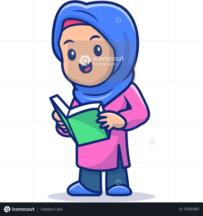 Best Muslim girl reading book Illustration download in PNG & Vector format