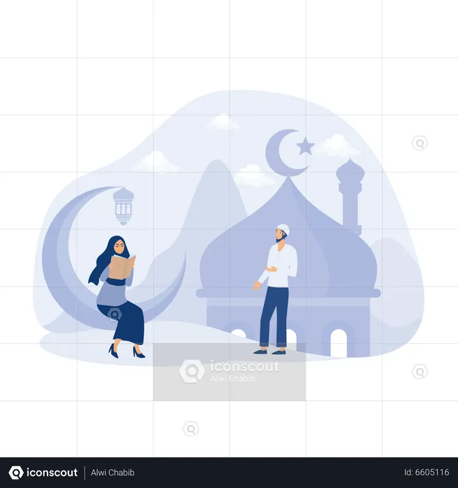 Muslim girl reading holy book and man standing near mosque  Illustration