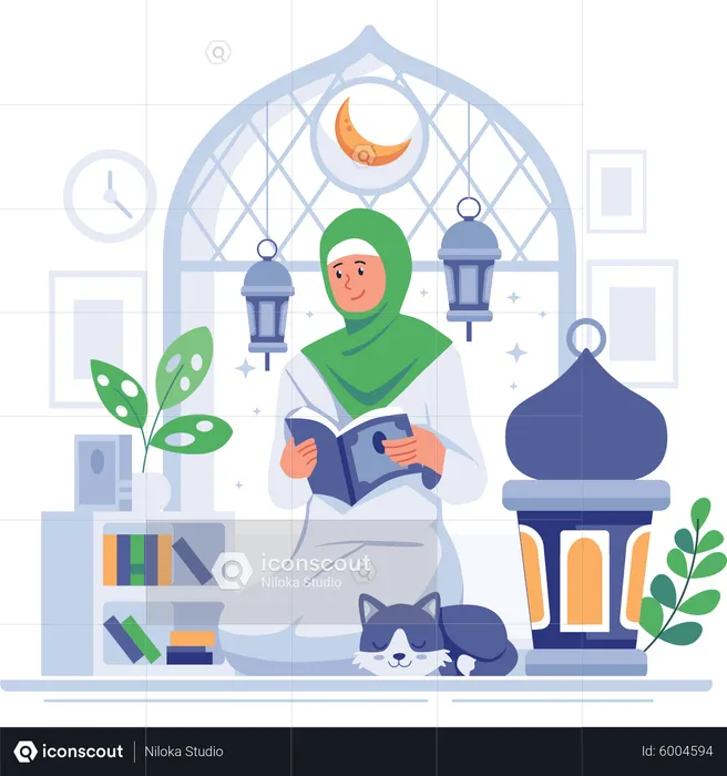Muslim girl reading Quran book  Illustration