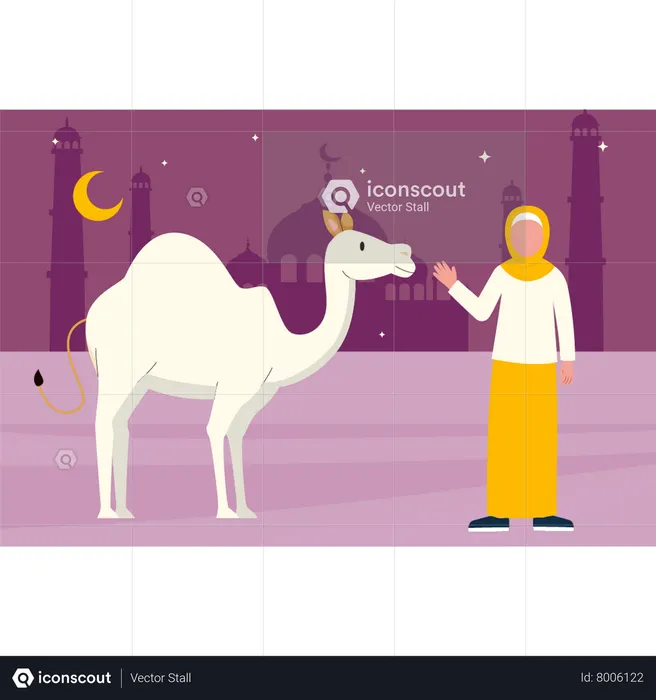 Muslim girl standing next to camel  Illustration