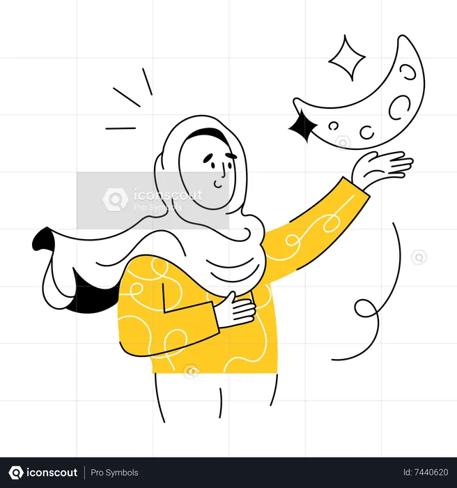 Muslim girl touch Eid Moon  Illustration