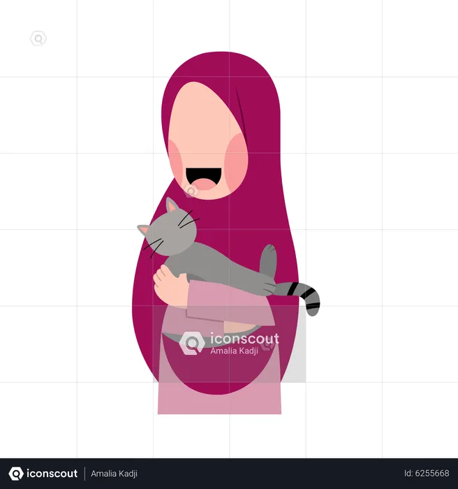 Muslim Girl With Cat  Illustration