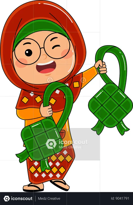 Muslim Girl With Ketupat  Illustration