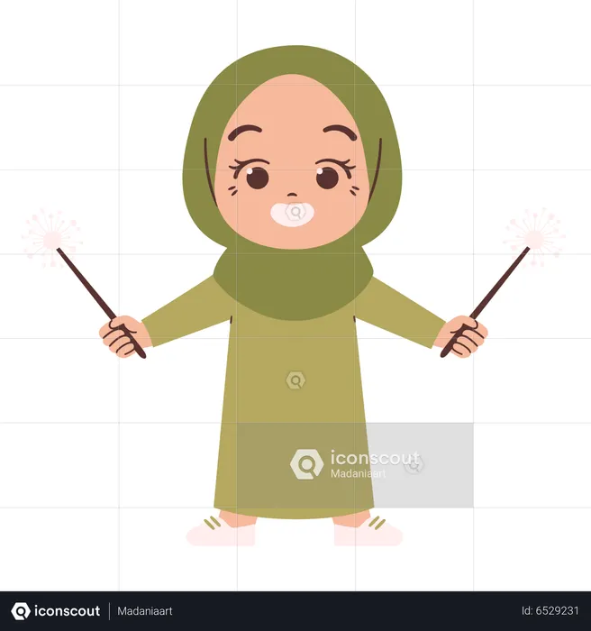 Muslim girl with sparkle sticks  Illustration