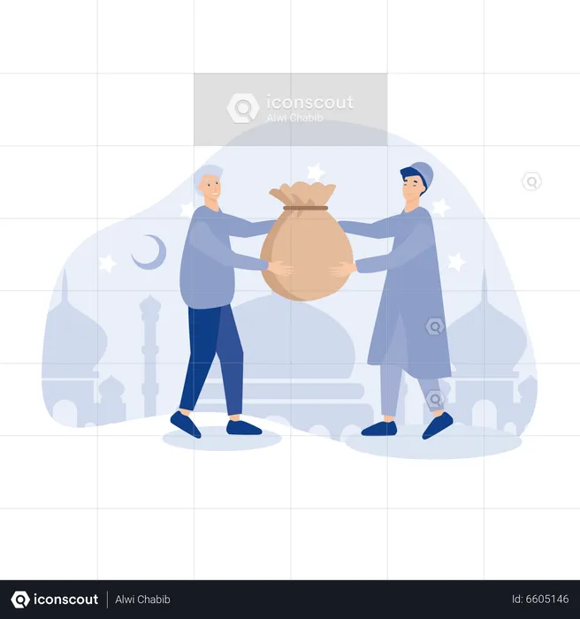 Muslim giving zakat to old man when Ramadan month  Illustration