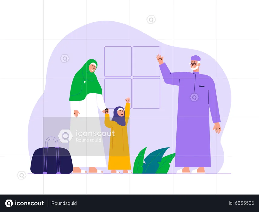 Muslim grandfather and grandmother enjoying eid festival with his granddaughter  Illustration