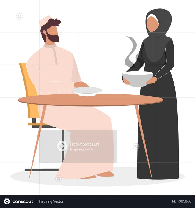 Muslim house wife serving hot food to husband  Illustration