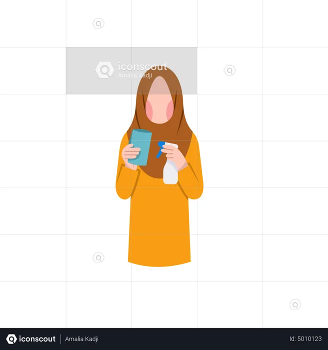 Muslim Housewife Holding Cleaning Equipment  Illustration