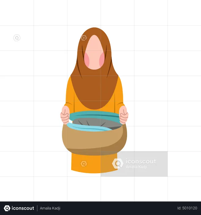 Muslim Housewife Holding Laundry Basket  Illustration