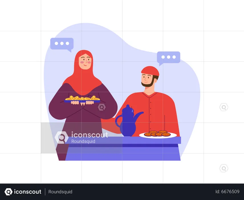 Muslim housewife serving food to husband  Illustration