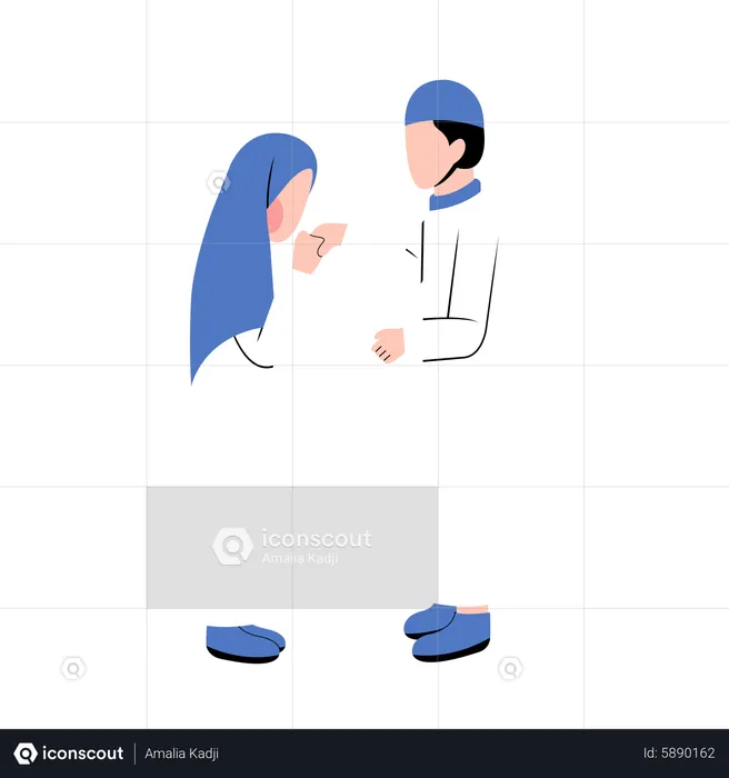 Muslim Husband And Wife Greeting Each Other In Eid Day  Illustration
