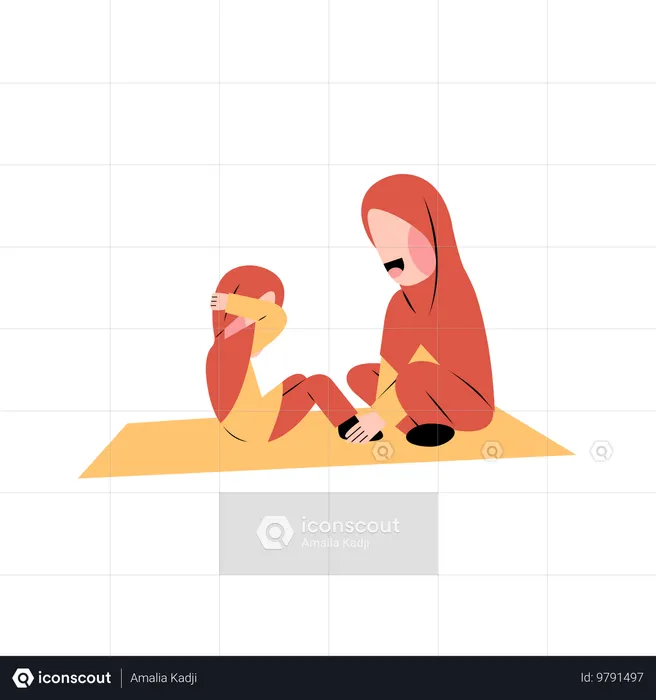 Muslim kid doing exercise with mother  Illustration