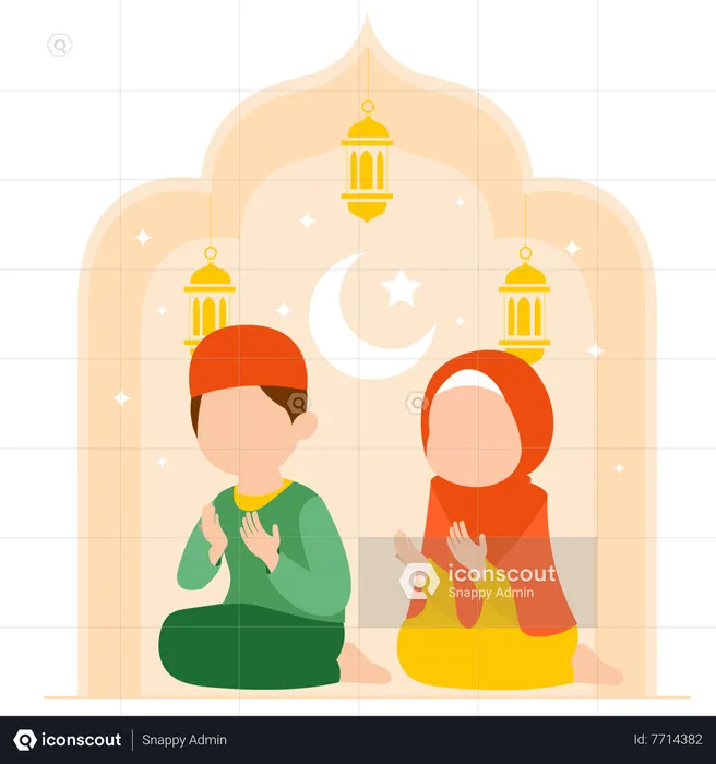 Muslim kids doing Islamic prayer  Illustration