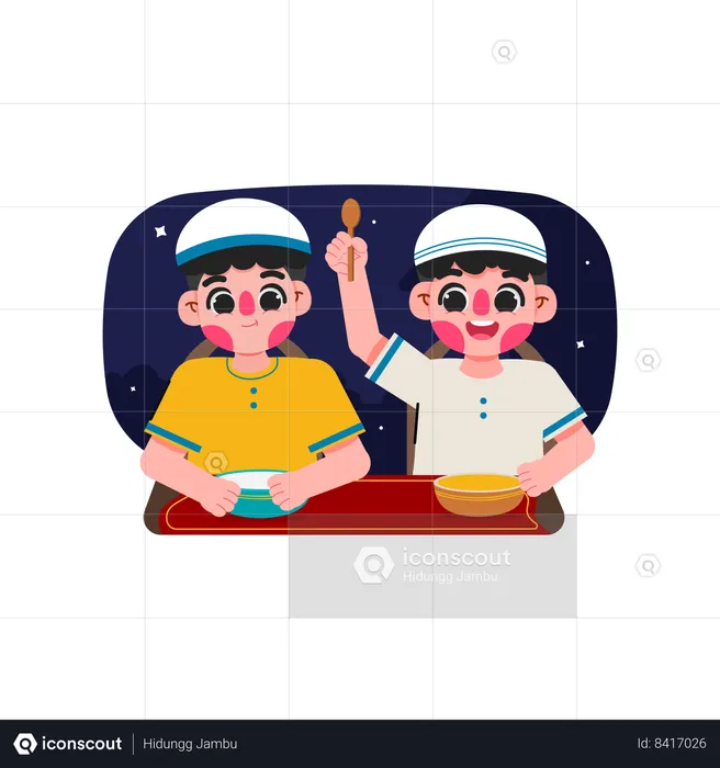 Muslim kids taking Iftar food  Illustration