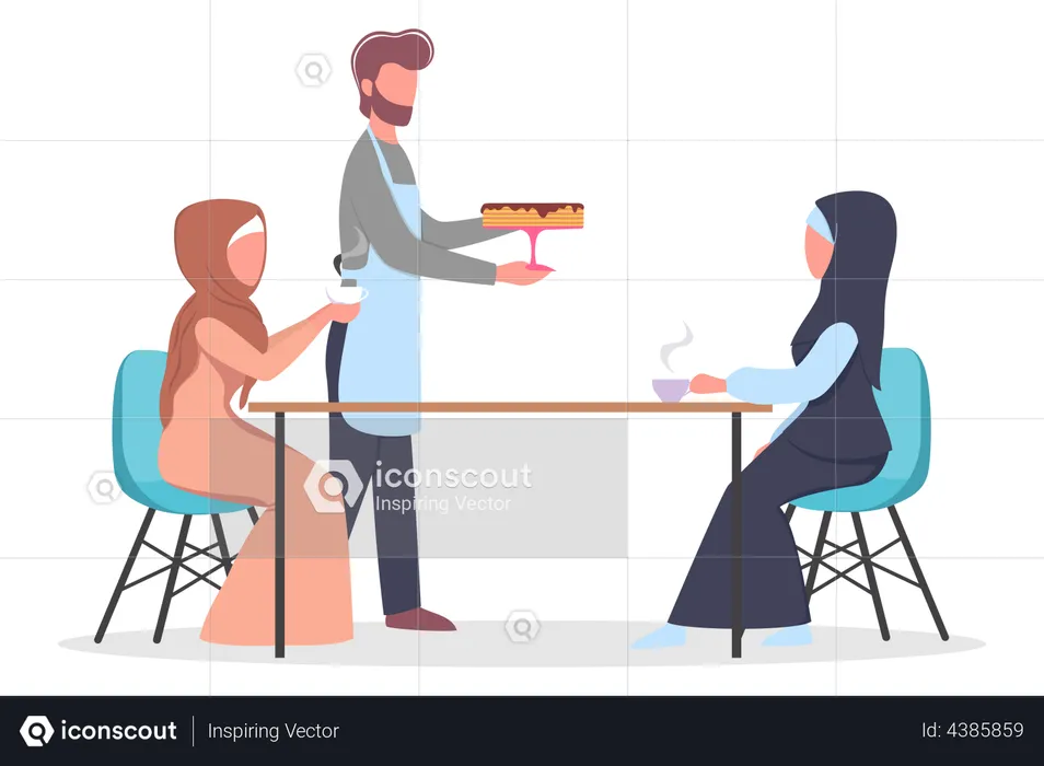 Muslim ladies having coffee at a cafe  Illustration