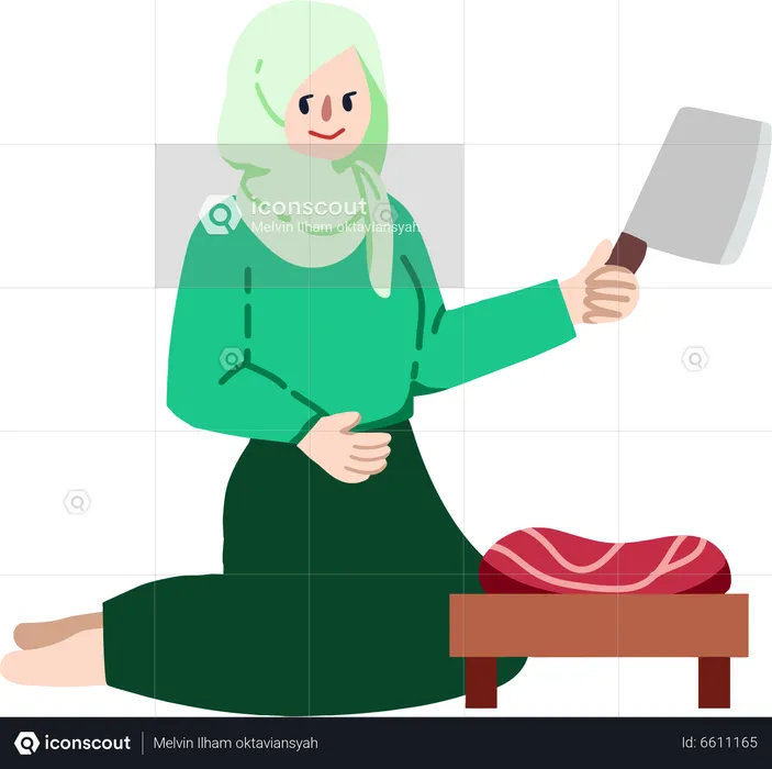 Muslim lady cutting meat  Illustration