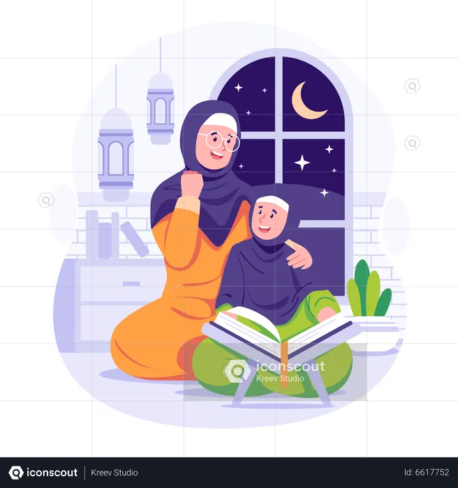 Muslim lady reading Quran with girl  Illustration