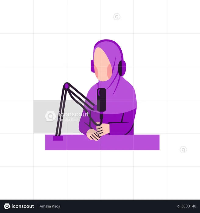 Muslim lady recording podcast  Illustration