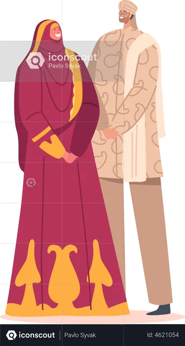 Muslim Man and Woman Wear Wedding Dresses  Illustration