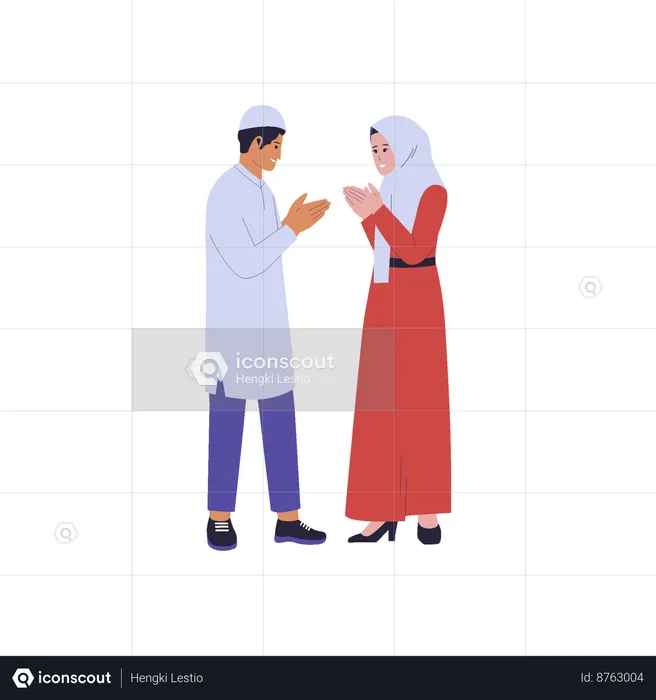 Muslim man and woman wishing eidmubarak  Illustration