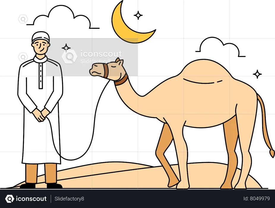 Muslim man carrying camel  Illustration