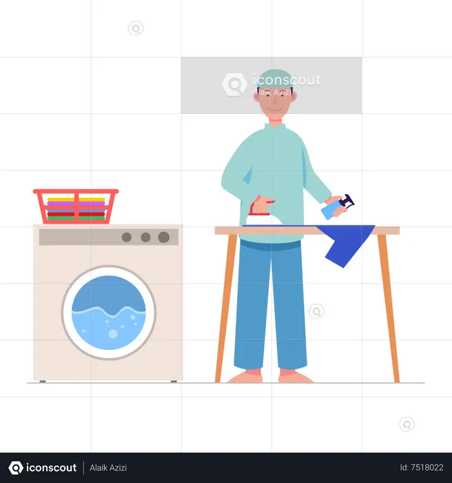 Best Muslim man doing clothes ironing Illustration download in PNG