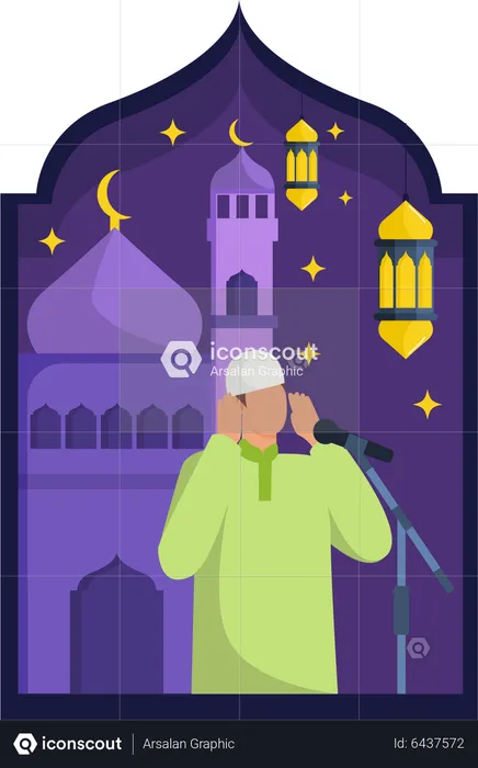 Muslim man giving the call to prayer on mic  Illustration