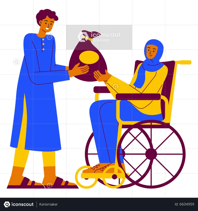 Muslim man Giving Zakat to Disable muslim woman  Illustration