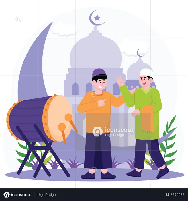 Muslim Man Greet Each Other On Eid Al Adha Day  Illustration