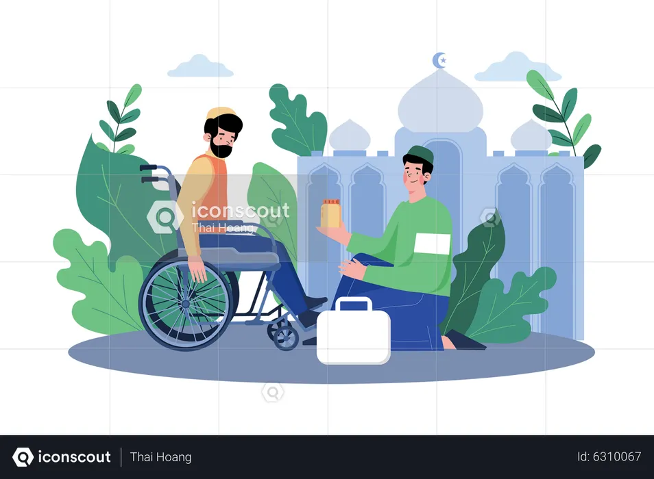 Muslim Man Helping Disabled People On Ramadan Day  Illustration