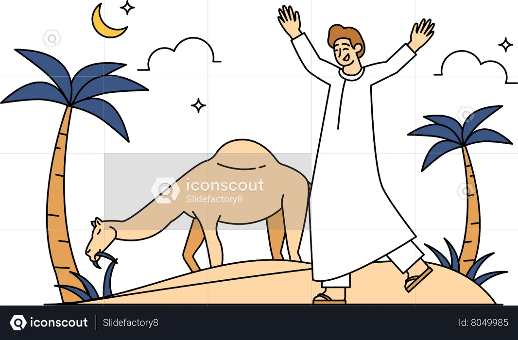 Muslim man herding camel  Illustration