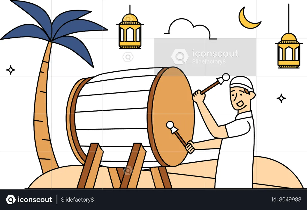 Muslim man hitting bedug drum  Illustration