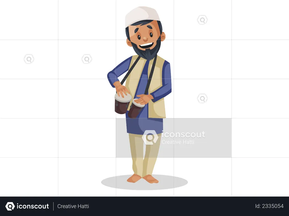 Muslim man is playing bongo drums  Illustration