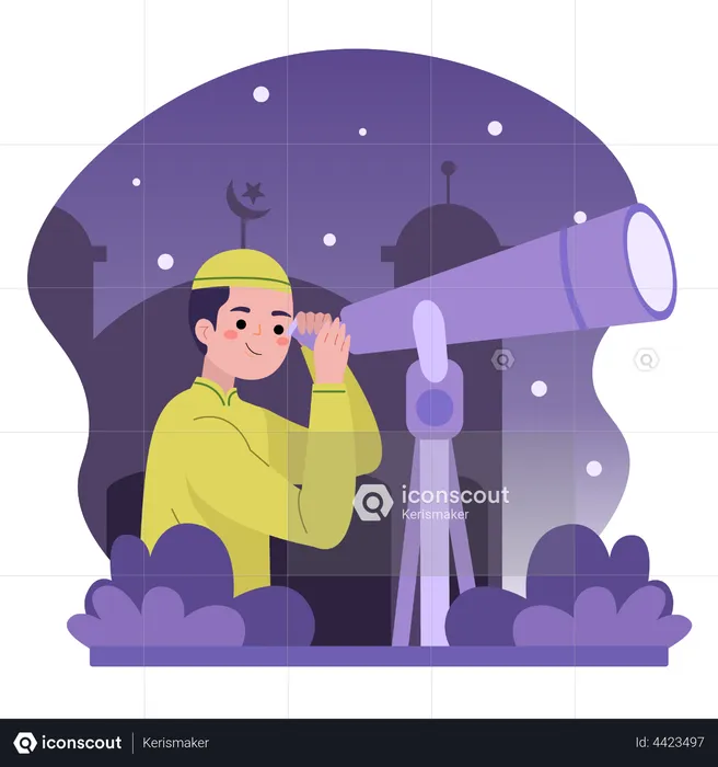 Muslim man looking for hilal at night sky with telescope  Illustration