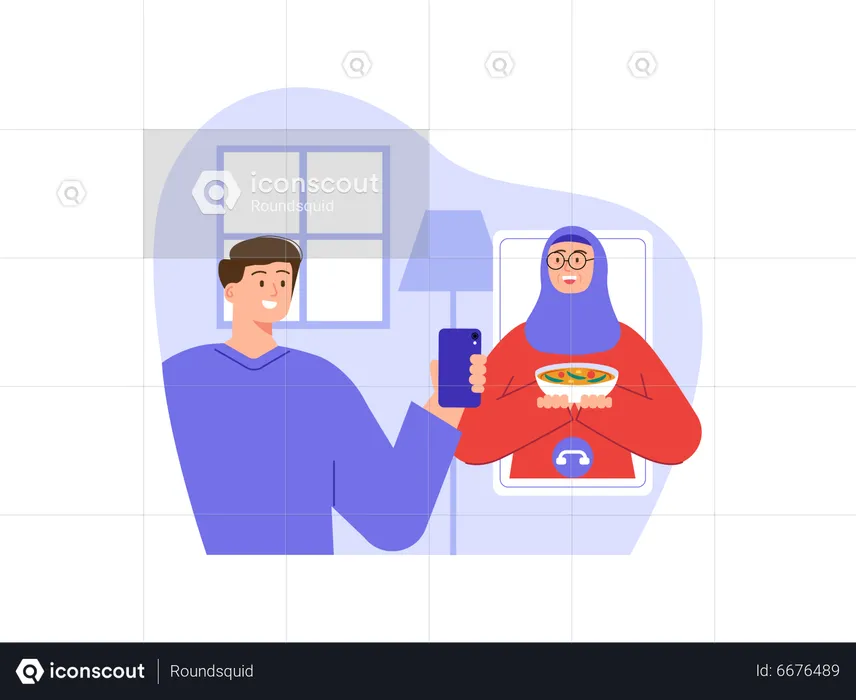 Muslim man meeting with wife on video call  Illustration