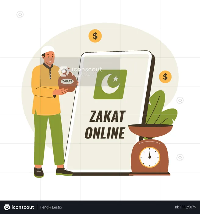 Muslim man paying zakat online  Illustration