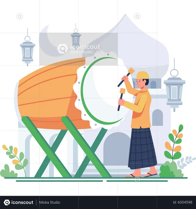 Muslim man playing Ramadan drum  Illustration
