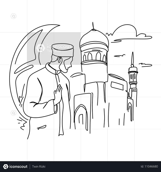 Muslim man praying near mosque  Illustration